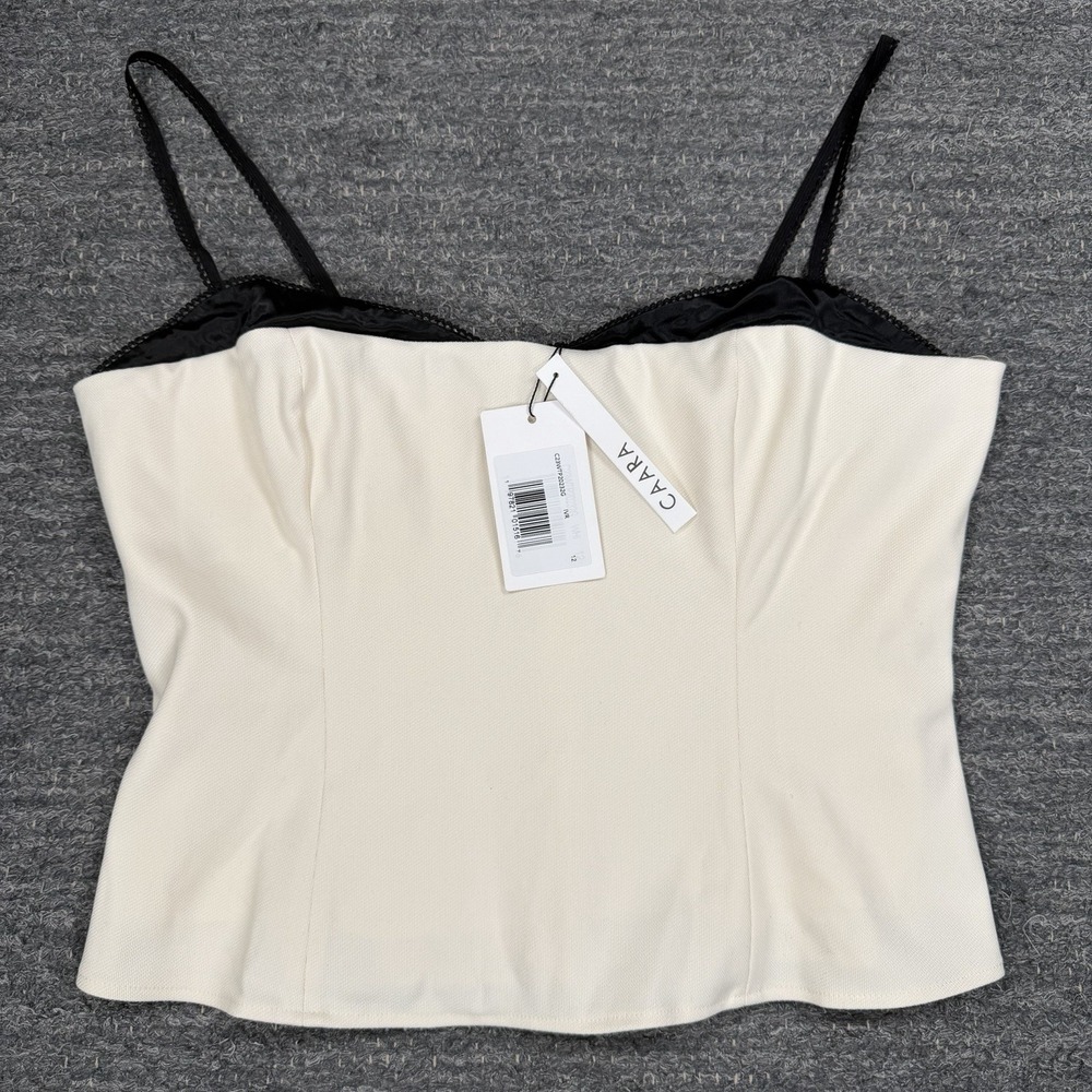 CAARA Cairo Top Women 12 Ivory Black Corset Smocked Back Sweetheart Tank NEW